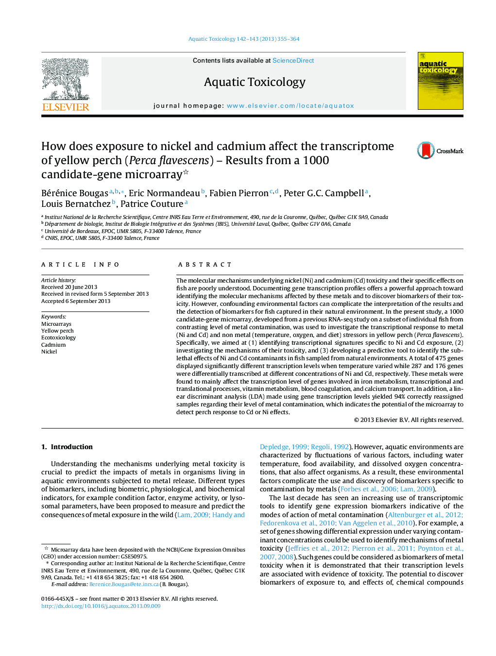 How does exposure to nickel and cadmium affect the transcriptome of yellow perch (Perca flavescens) – Results from a 1000 candidate-gene microarray 