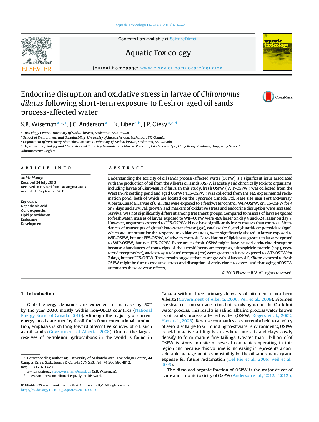 Endocrine disruption and oxidative stress in larvae of Chironomus dilutus following short-term exposure to fresh or aged oil sands process-affected water