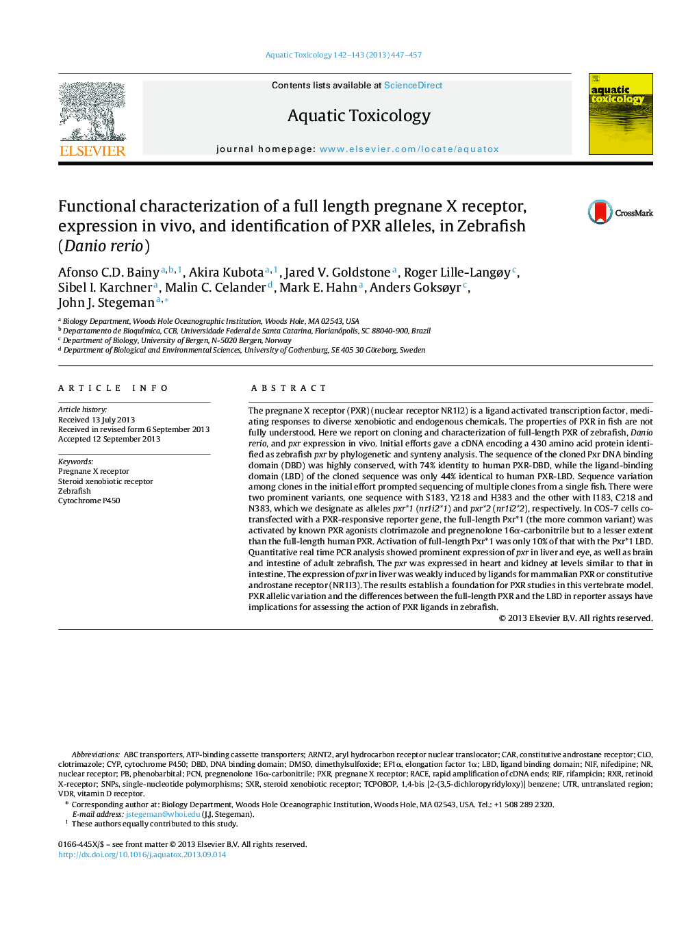 Functional characterization of a full length pregnane X receptor, expression in vivo, and identification of PXR alleles, in Zebrafish (Danio rerio)