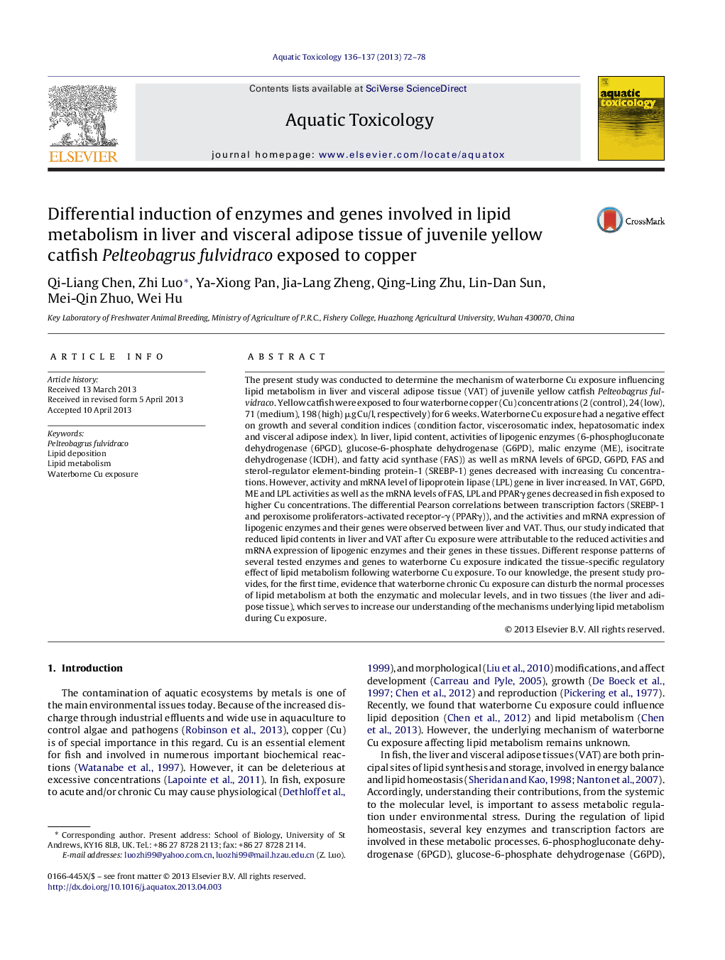 Differential induction of enzymes and genes involved in lipid metabolism in liver and visceral adipose tissue of juvenile yellow catfish Pelteobagrus fulvidraco exposed to copper