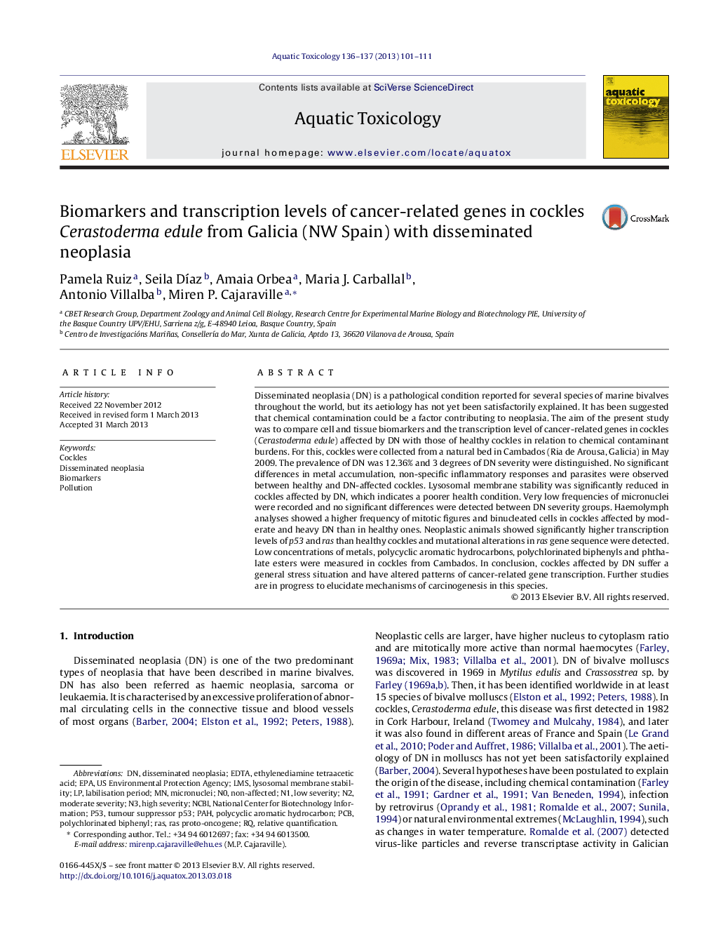 Biomarkers and transcription levels of cancer-related genes in cockles Cerastoderma edule from Galicia (NW Spain) with disseminated neoplasia