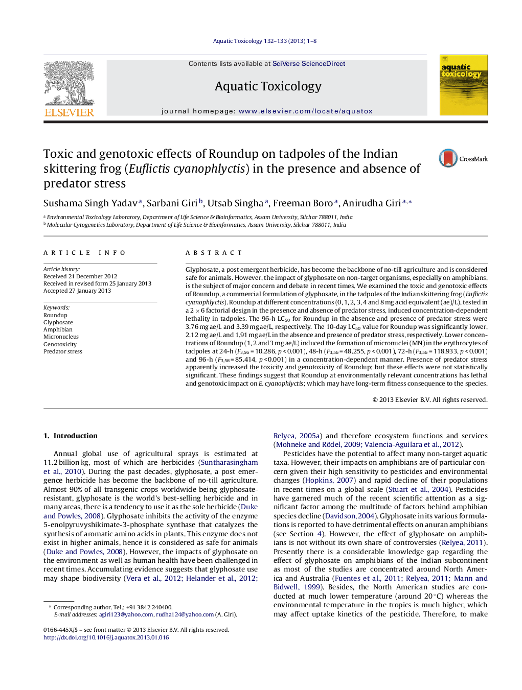 Toxic and genotoxic effects of Roundup on tadpoles of the Indian skittering frog (Euflictis cyanophlyctis) in the presence and absence of predator stress