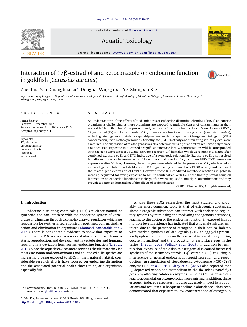 Interaction of 17β-estradiol and ketoconazole on endocrine function in goldfish (Carassius auratus)