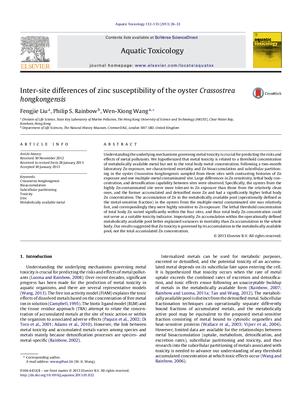 Inter-site differences of zinc susceptibility of the oyster Crassostrea hongkongensis