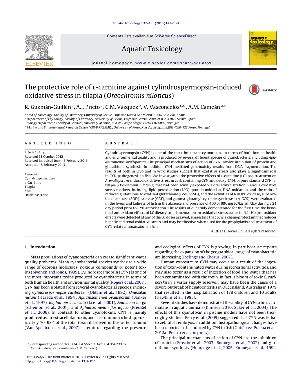 The protective role of l-carnitine against cylindrospermopsin-induced oxidative stress in tilapia (Oreochromis niloticus)