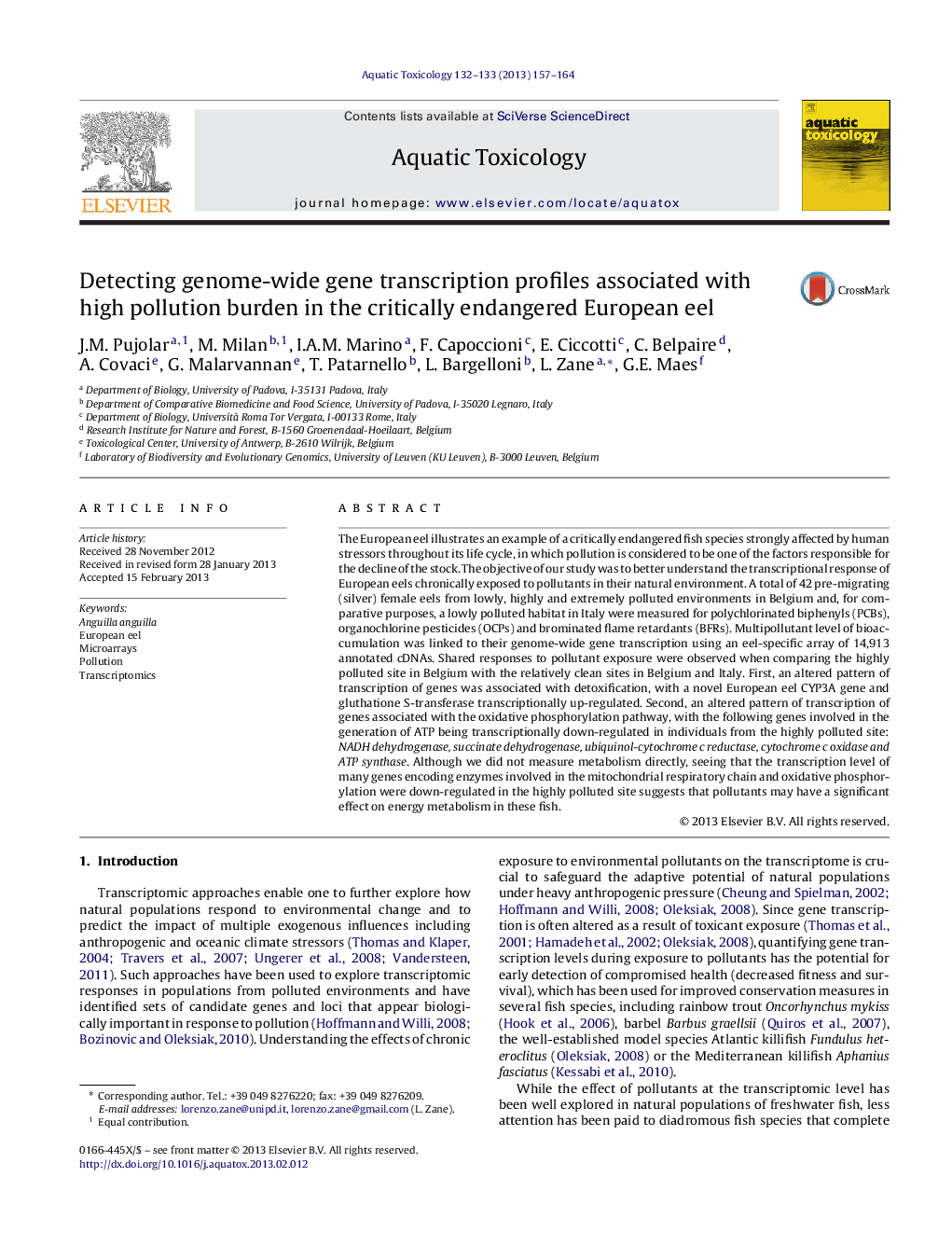 Detecting genome-wide gene transcription profiles associated with high pollution burden in the critically endangered European eel