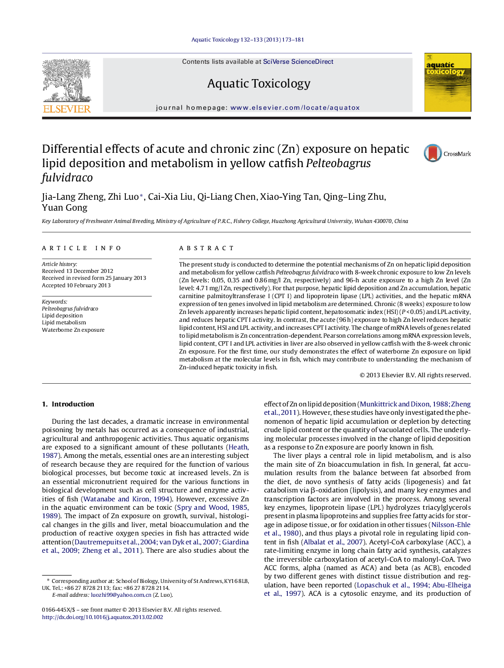 Differential effects of acute and chronic zinc (Zn) exposure on hepatic lipid deposition and metabolism in yellow catfish Pelteobagrus fulvidraco