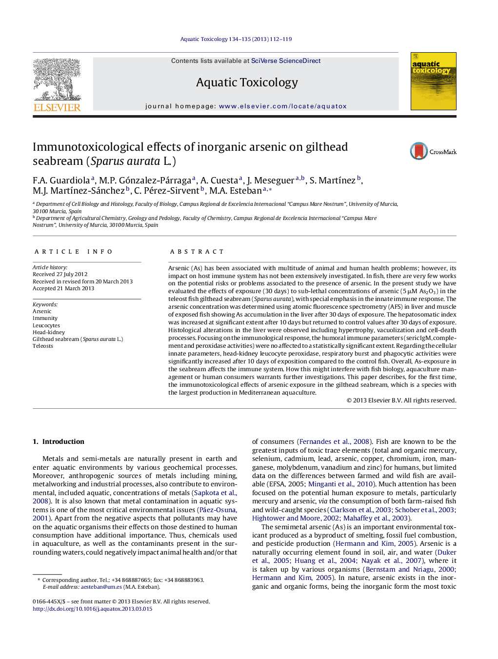 Immunotoxicological effects of inorganic arsenic on gilthead seabream (Sparus aurata L.)