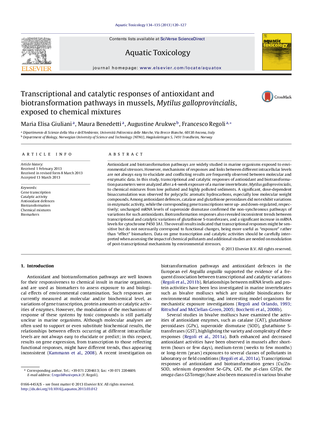 Transcriptional and catalytic responses of antioxidant and biotransformation pathways in mussels, Mytilus galloprovincialis, exposed to chemical mixtures