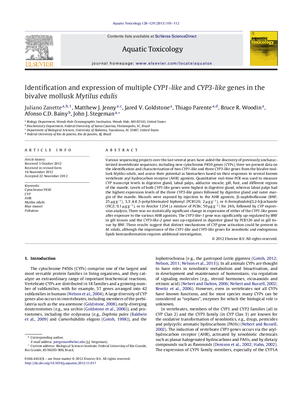 Identification and expression of multiple CYP1-like and CYP3-like genes in the bivalve mollusk Mytilus edulis