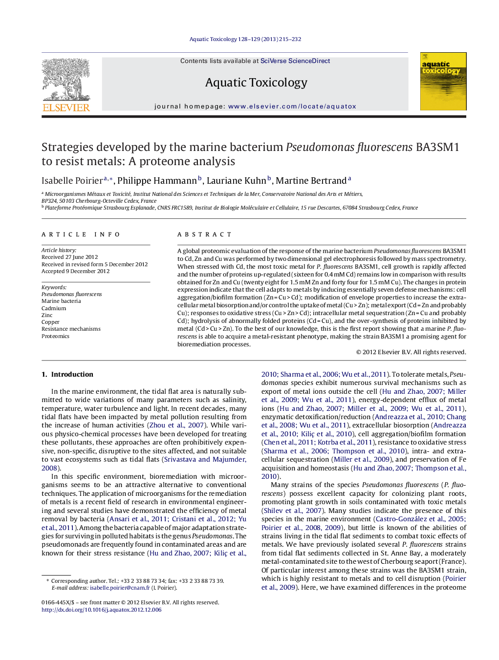 Strategies developed by the marine bacterium Pseudomonas fluorescens BA3SM1 to resist metals: A proteome analysis