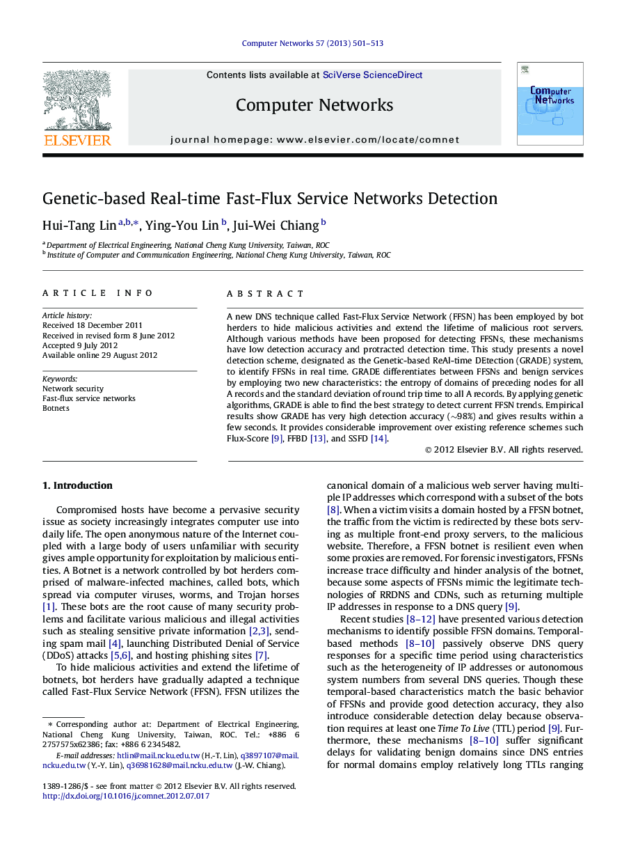 Genetic-based real-time fast-flux service networks detection