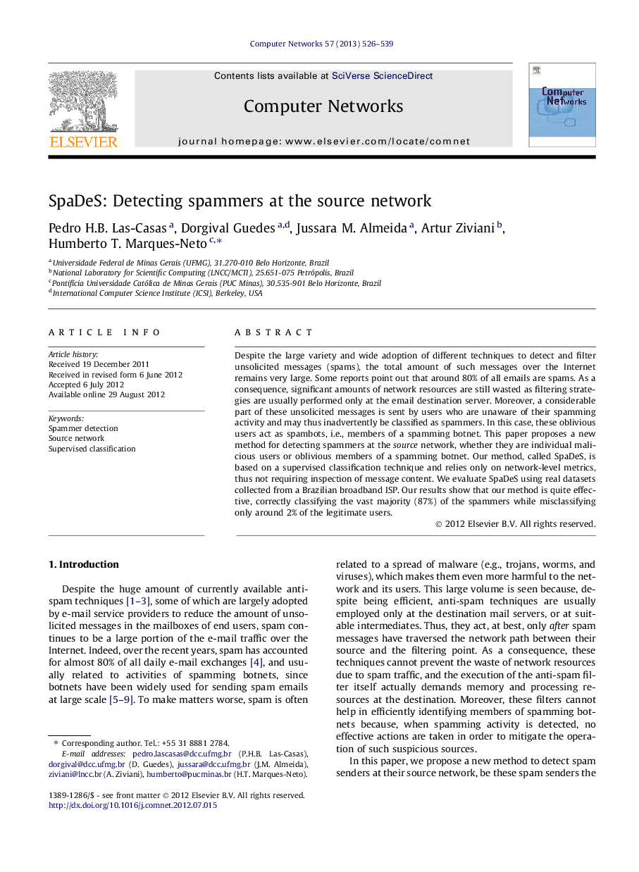 SpaDeS: Detecting spammers at the source network