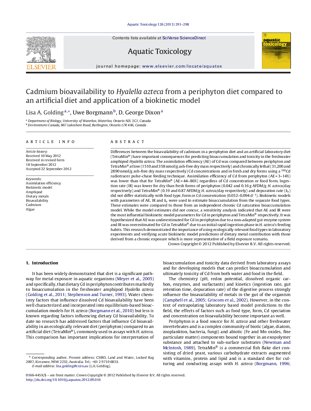 Cadmium bioavailability to Hyalella azteca from a periphyton diet compared to an artificial diet and application of a biokinetic model