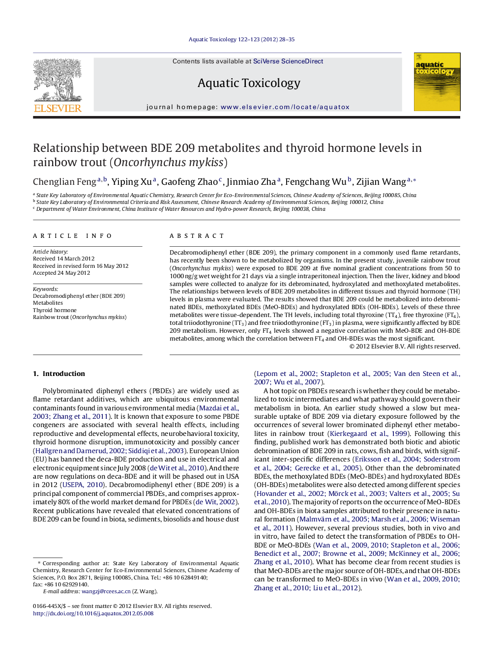 Relationship between BDE 209 metabolites and thyroid hormone levels in rainbow trout (Oncorhynchus mykiss)