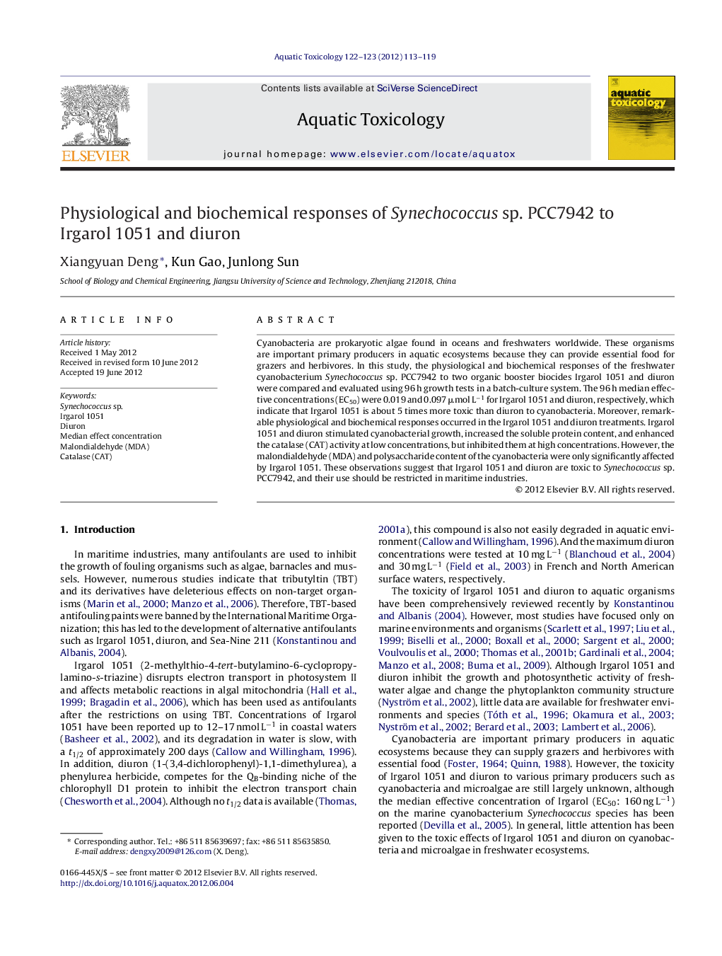 Physiological and biochemical responses of Synechococcus sp. PCC7942 to Irgarol 1051 and diuron