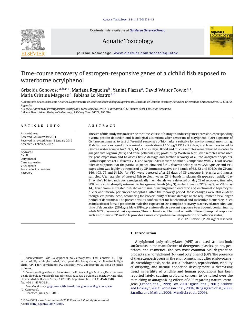 Time-course recovery of estrogen-responsive genes of a cichlid fish exposed to waterborne octylphenol