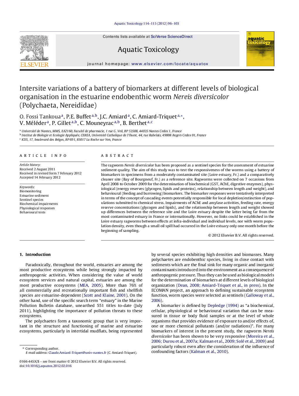 Intersite variations of a battery of biomarkers at different levels of biological organisation in the estuarine endobenthic worm Nereis diversicolor (Polychaeta, Nereididae)