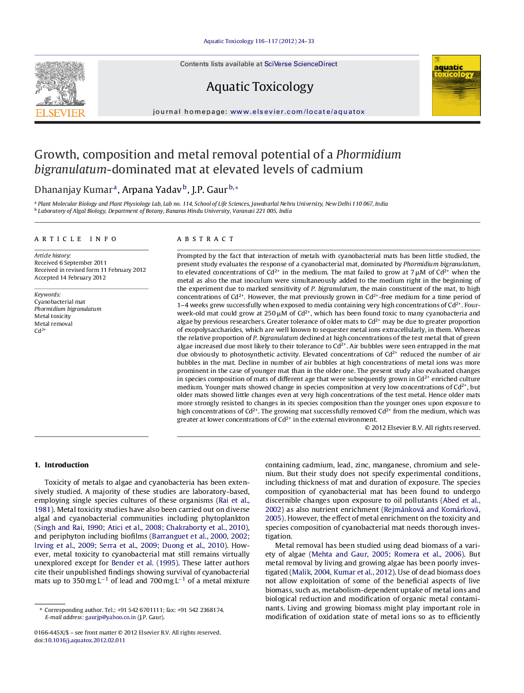 Growth, composition and metal removal potential of a Phormidium bigranulatum-dominated mat at elevated levels of cadmium