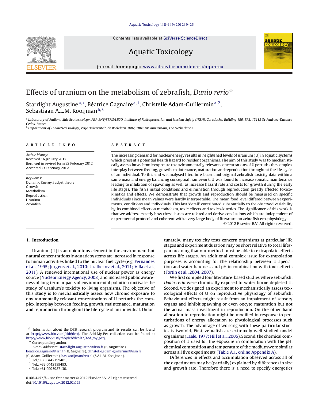 Effects of uranium on the metabolism of zebrafish, Danio rerio 