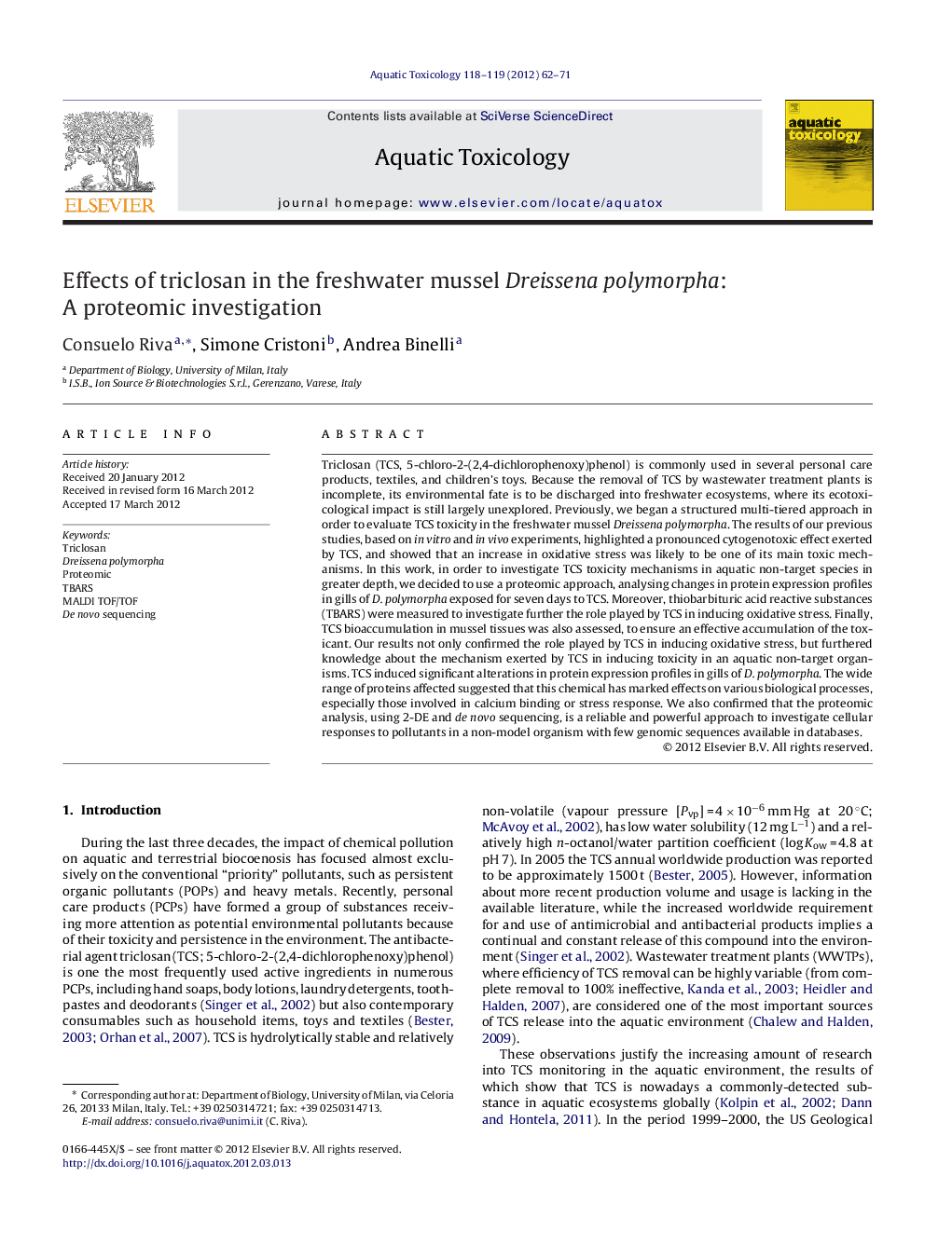 Effects of triclosan in the freshwater mussel Dreissena polymorpha: A proteomic investigation