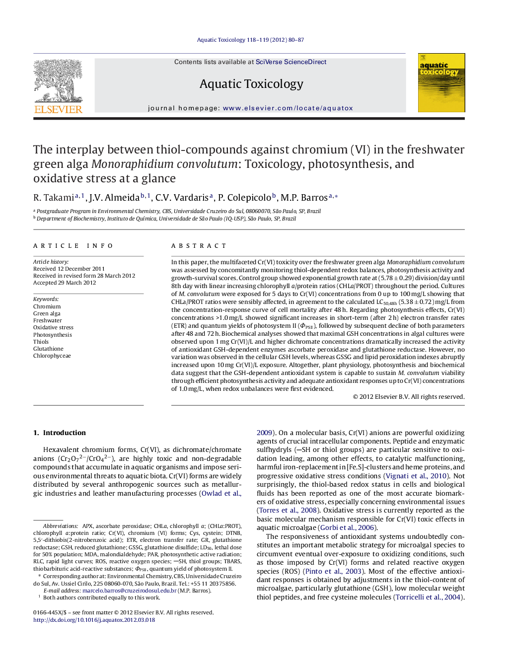 The interplay between thiol-compounds against chromium (VI) in the freshwater green alga Monoraphidium convolutum: Toxicology, photosynthesis, and oxidative stress at a glance