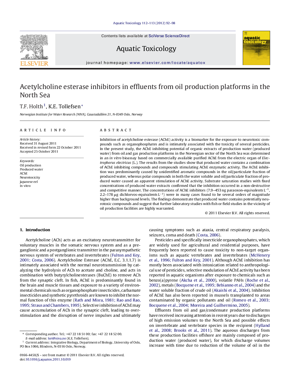 Acetylcholine esterase inhibitors in effluents from oil production platforms in the North Sea