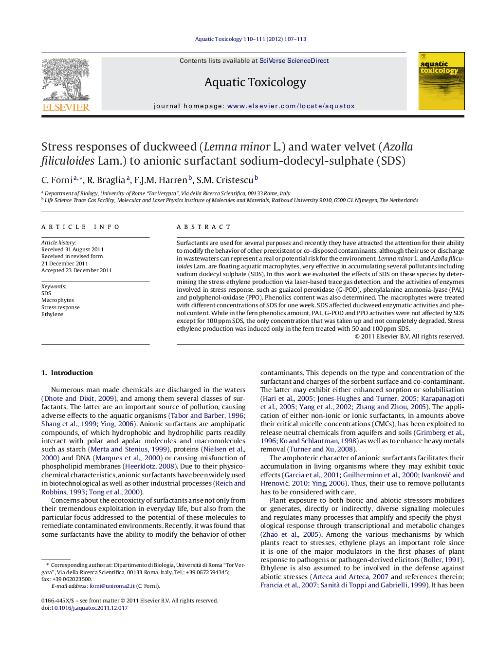 Stress responses of duckweed (Lemna minor L.) and water velvet (Azolla filiculoides Lam.) to anionic surfactant sodium-dodecyl-sulphate (SDS)