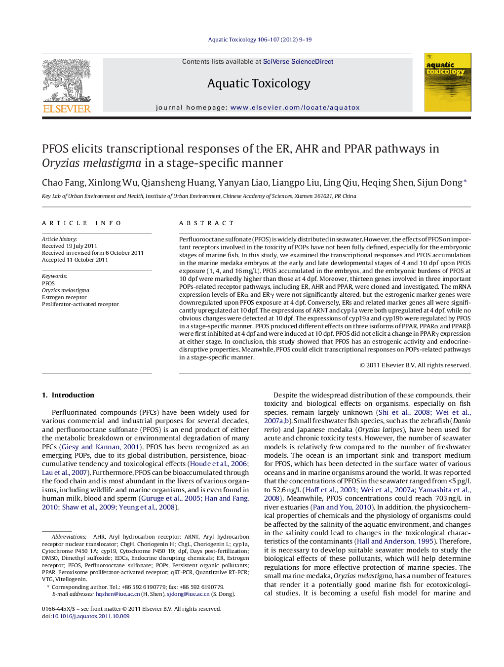 PFOS elicits transcriptional responses of the ER, AHR and PPAR pathways in Oryzias melastigma in a stage-specific manner