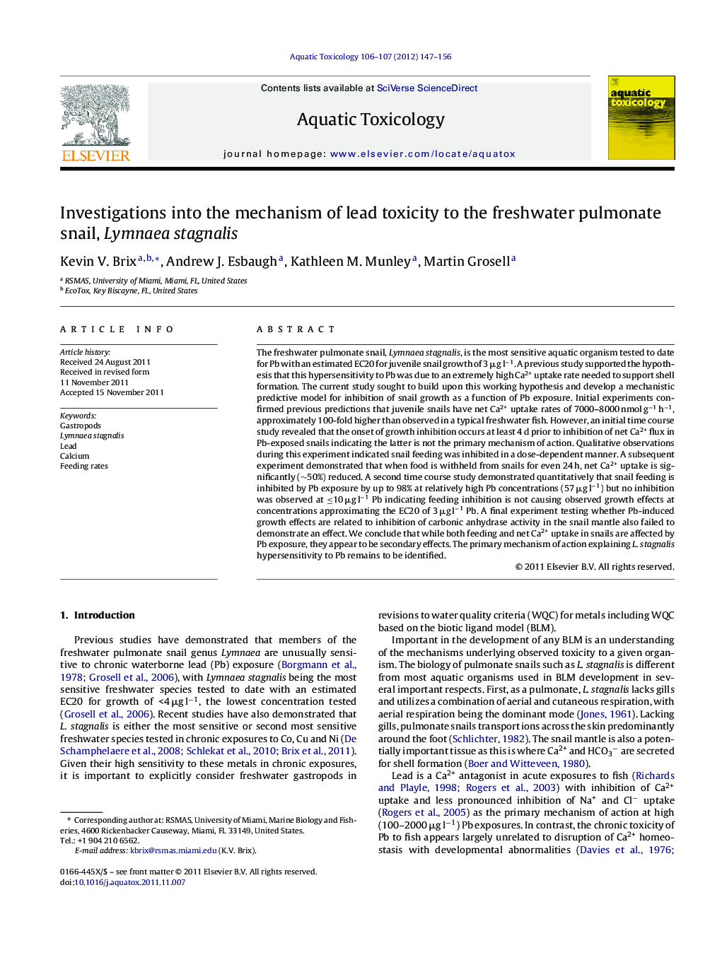 Investigations into the mechanism of lead toxicity to the freshwater pulmonate snail, Lymnaea stagnalis