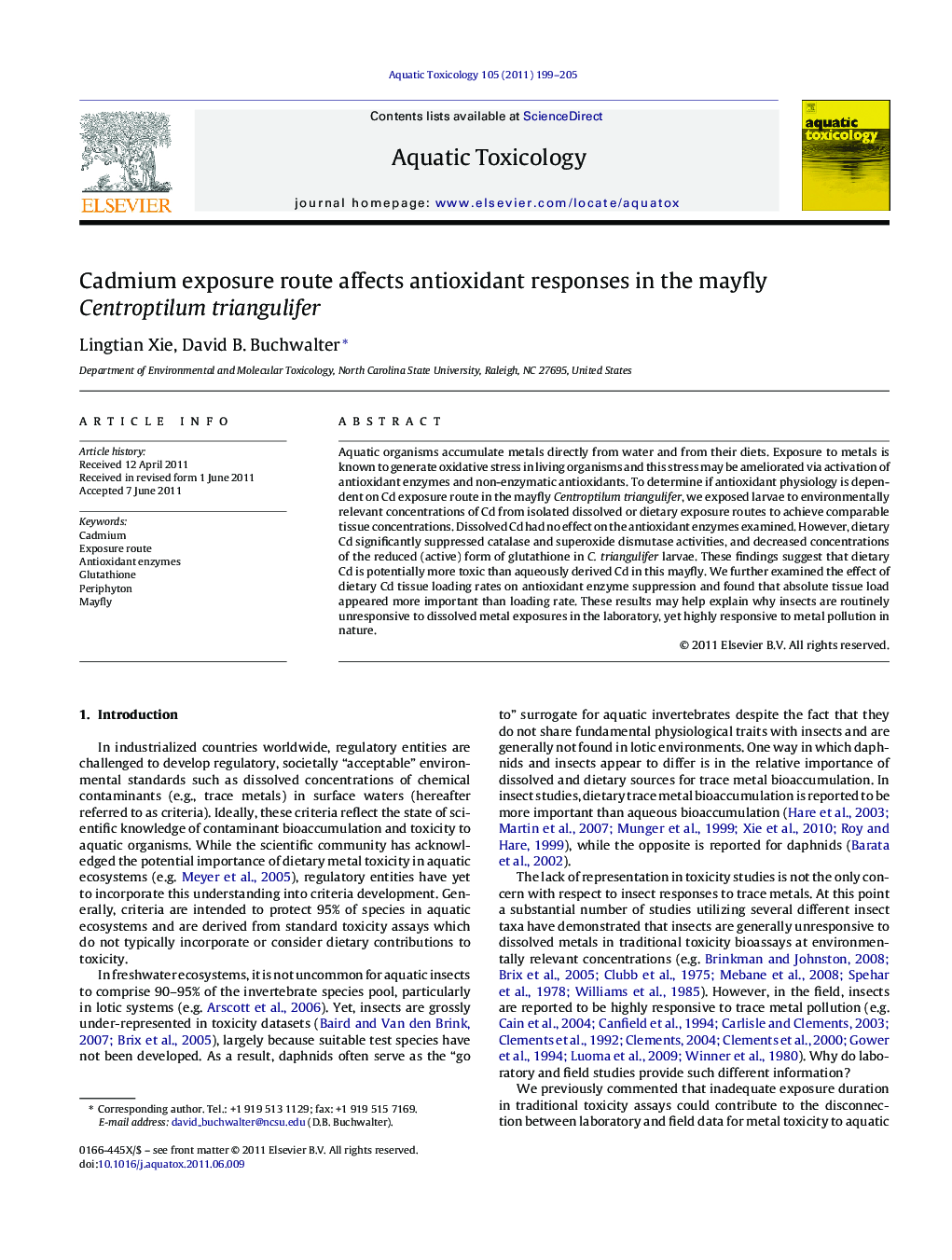 Cadmium exposure route affects antioxidant responses in the mayfly Centroptilum triangulifer