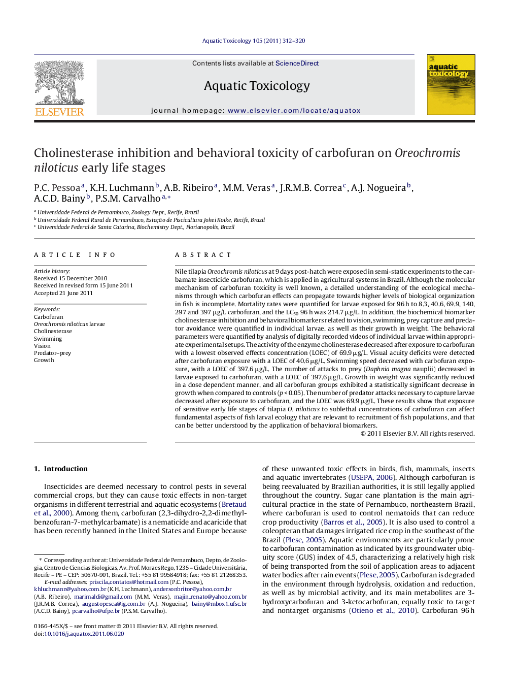 Cholinesterase inhibition and behavioral toxicity of carbofuran on Oreochromis niloticus early life stages