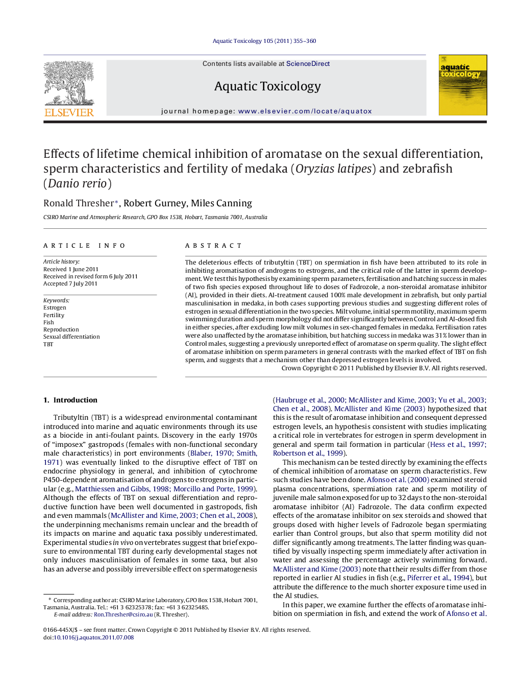 Effects of lifetime chemical inhibition of aromatase on the sexual differentiation, sperm characteristics and fertility of medaka (Oryzias latipes) and zebrafish (Danio rerio)