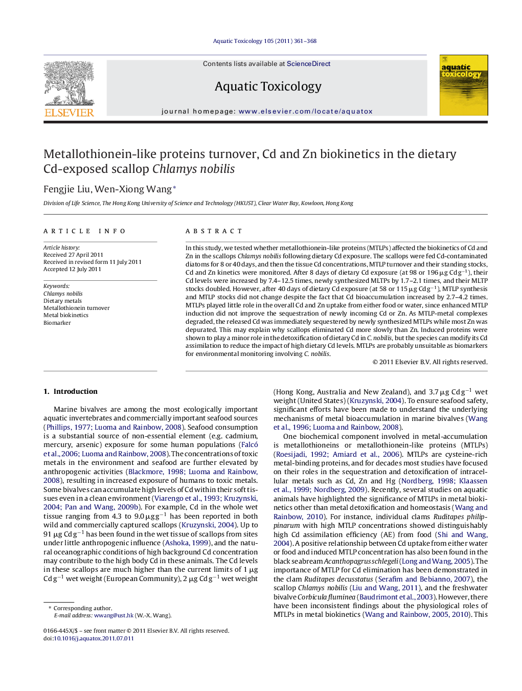 Metallothionein-like proteins turnover, Cd and Zn biokinetics in the dietary Cd-exposed scallop Chlamys nobilis