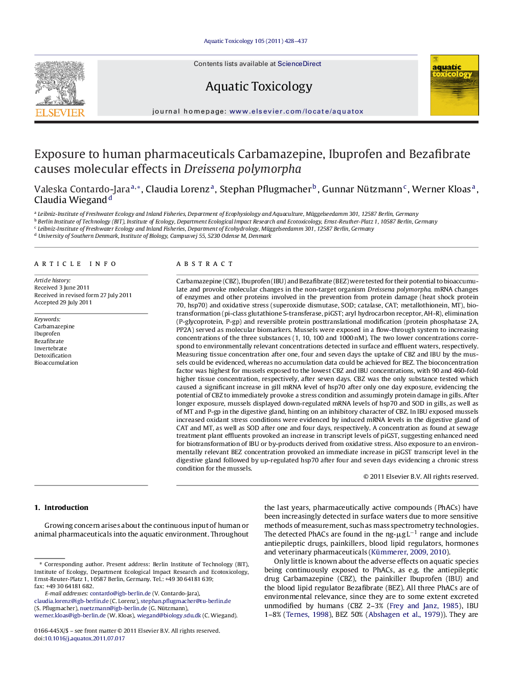 Exposure to human pharmaceuticals Carbamazepine, Ibuprofen and Bezafibrate causes molecular effects in Dreissena polymorpha