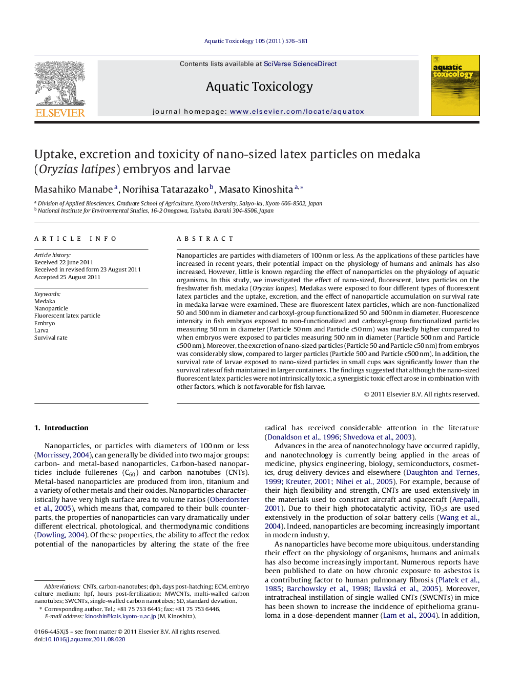 Uptake, excretion and toxicity of nano-sized latex particles on medaka (Oryzias latipes) embryos and larvae