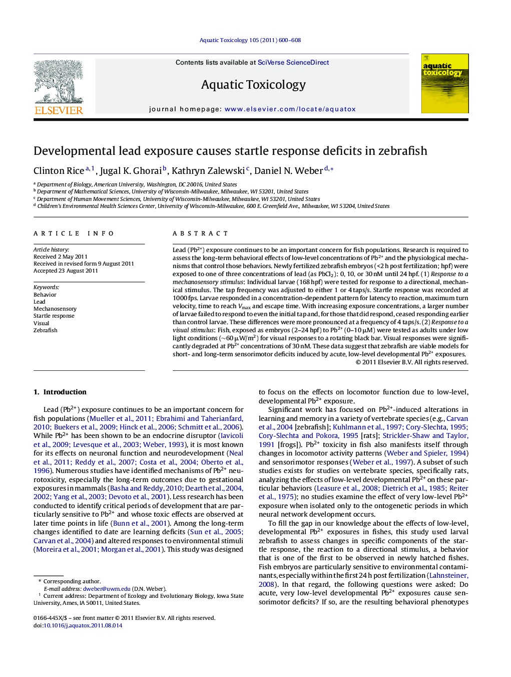 Developmental lead exposure causes startle response deficits in zebrafish