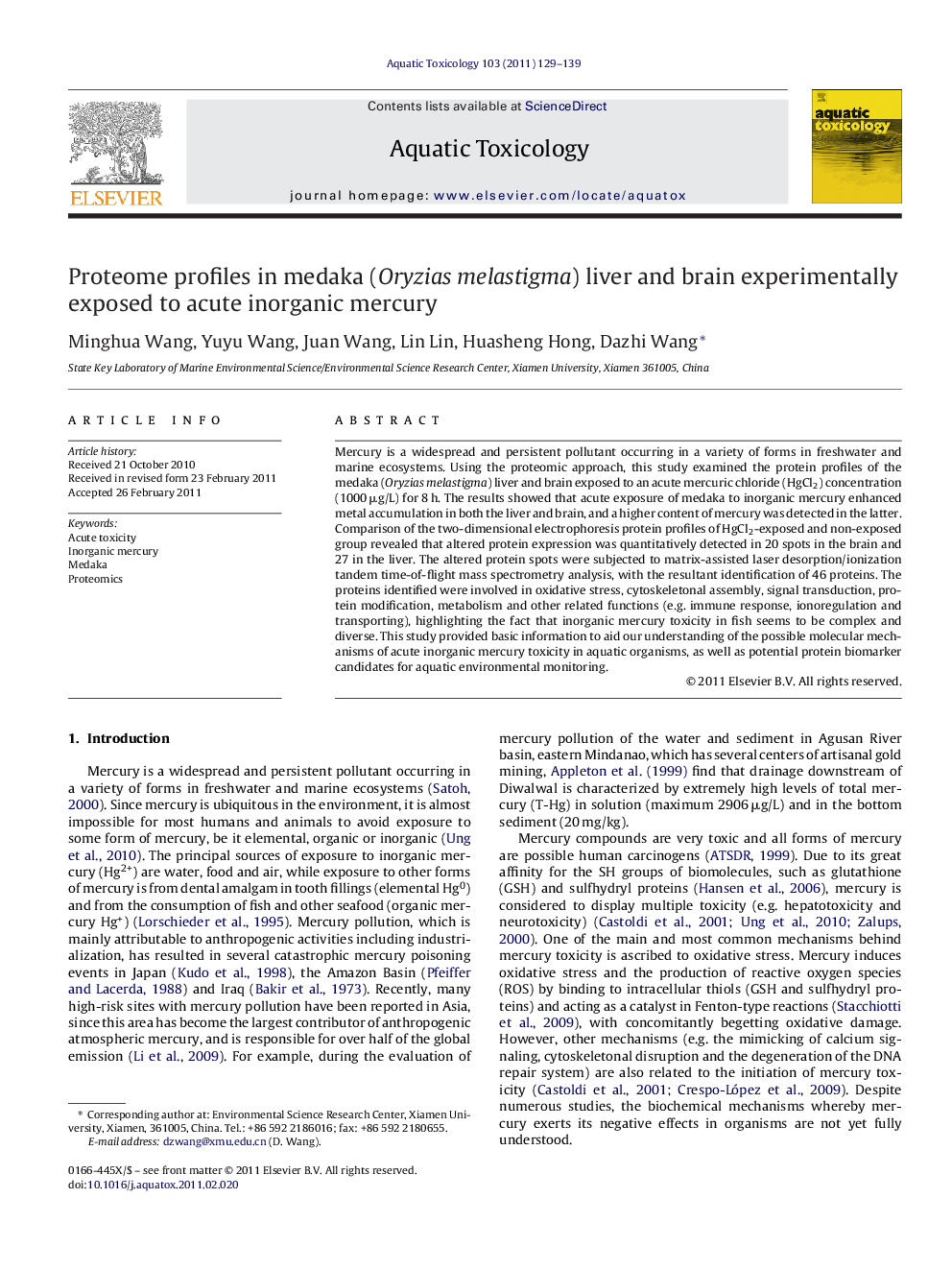 Proteome profiles in medaka (Oryzias melastigma) liver and brain experimentally exposed to acute inorganic mercury