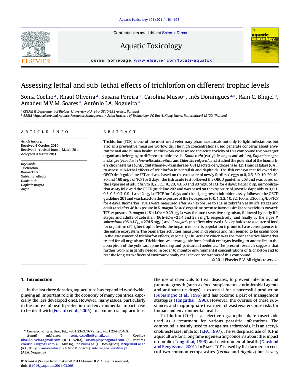 Assessing lethal and sub-lethal effects of trichlorfon on different trophic levels