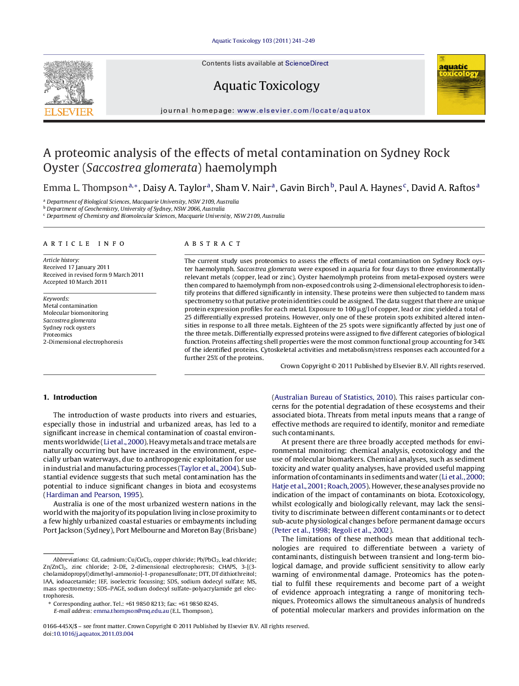 A proteomic analysis of the effects of metal contamination on Sydney Rock Oyster (Saccostrea glomerata) haemolymph