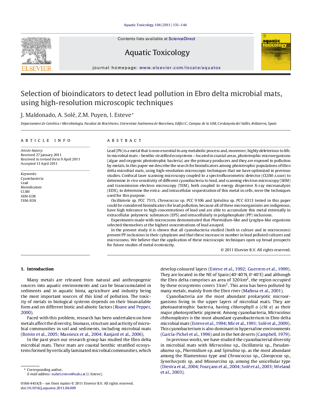 Selection of bioindicators to detect lead pollution in Ebro delta microbial mats, using high-resolution microscopic techniques