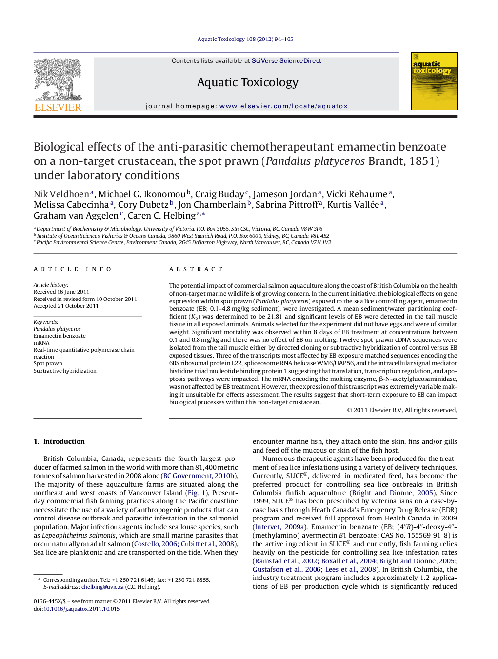 Biological effects of the anti-parasitic chemotherapeutant emamectin benzoate on a non-target crustacean, the spot prawn (Pandalus platyceros Brandt, 1851) under laboratory conditions