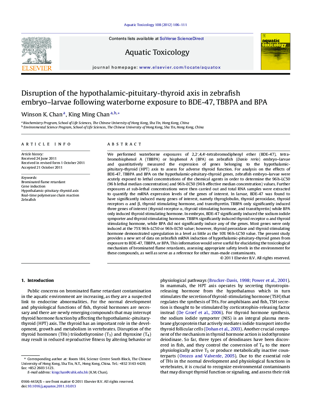 Disruption of the hypothalamic-pituitary-thyroid axis in zebrafish embryo–larvae following waterborne exposure to BDE-47, TBBPA and BPA