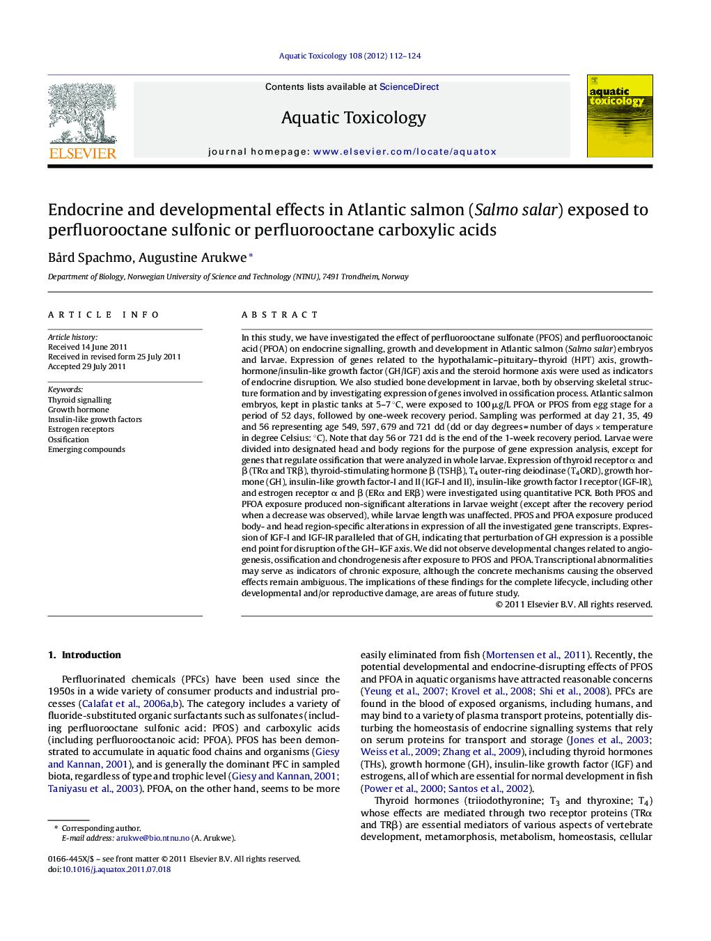 Endocrine and developmental effects in Atlantic salmon (Salmo salar) exposed to perfluorooctane sulfonic or perfluorooctane carboxylic acids