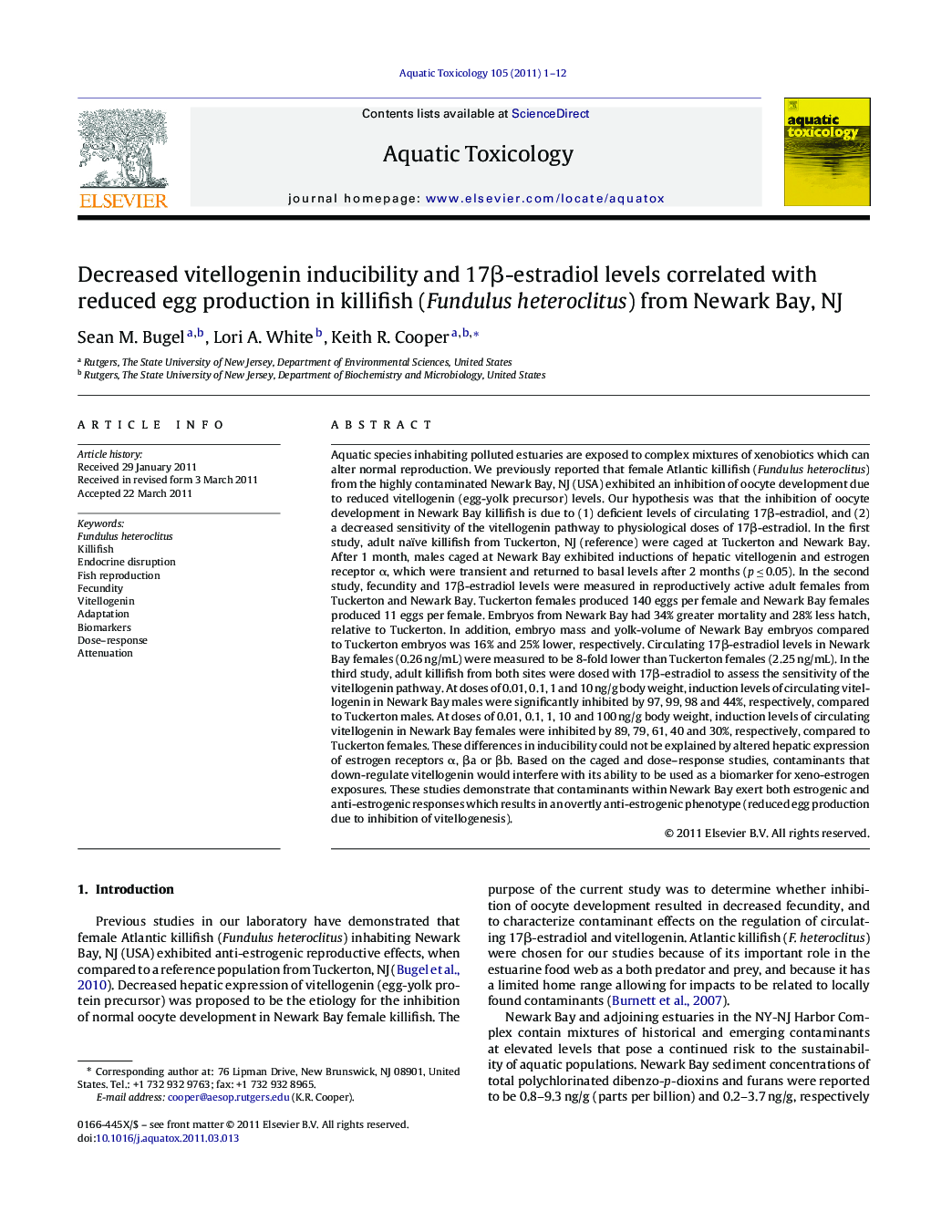 Decreased vitellogenin inducibility and 17β-estradiol levels correlated with reduced egg production in killifish (Fundulus heteroclitus) from Newark Bay, NJ