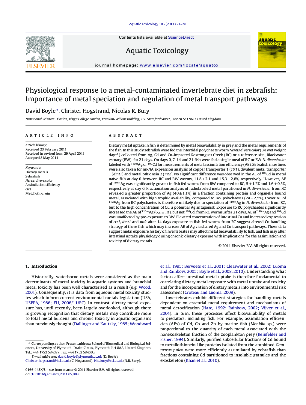 Physiological response to a metal-contaminated invertebrate diet in zebrafish: Importance of metal speciation and regulation of metal transport pathways