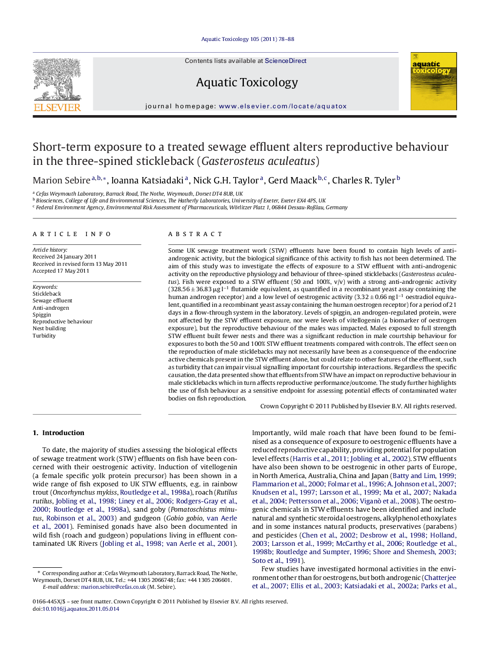 Short-term exposure to a treated sewage effluent alters reproductive behaviour in the three-spined stickleback (Gasterosteus aculeatus)