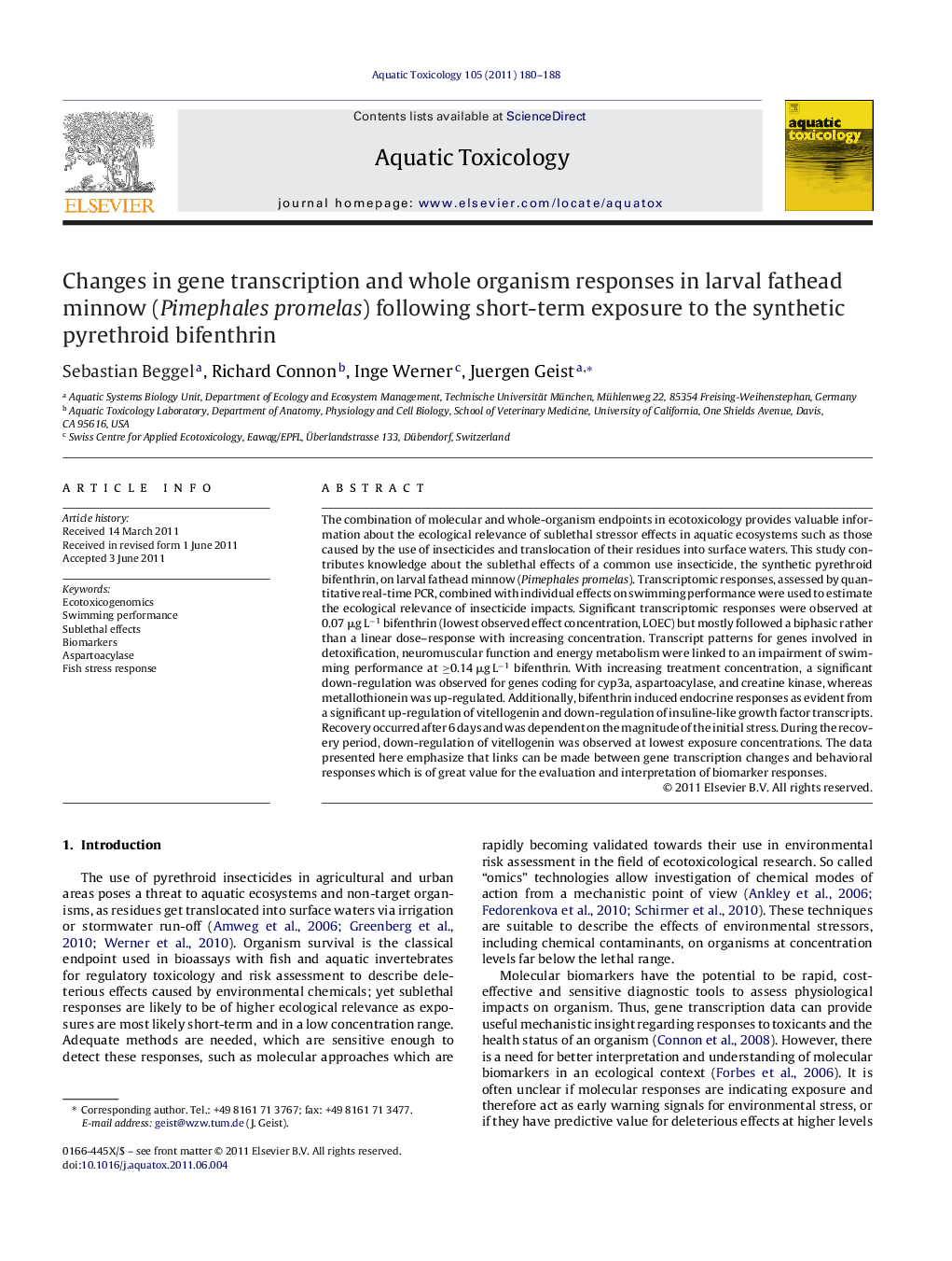 Changes in gene transcription and whole organism responses in larval fathead minnow (Pimephales promelas) following short-term exposure to the synthetic pyrethroid bifenthrin