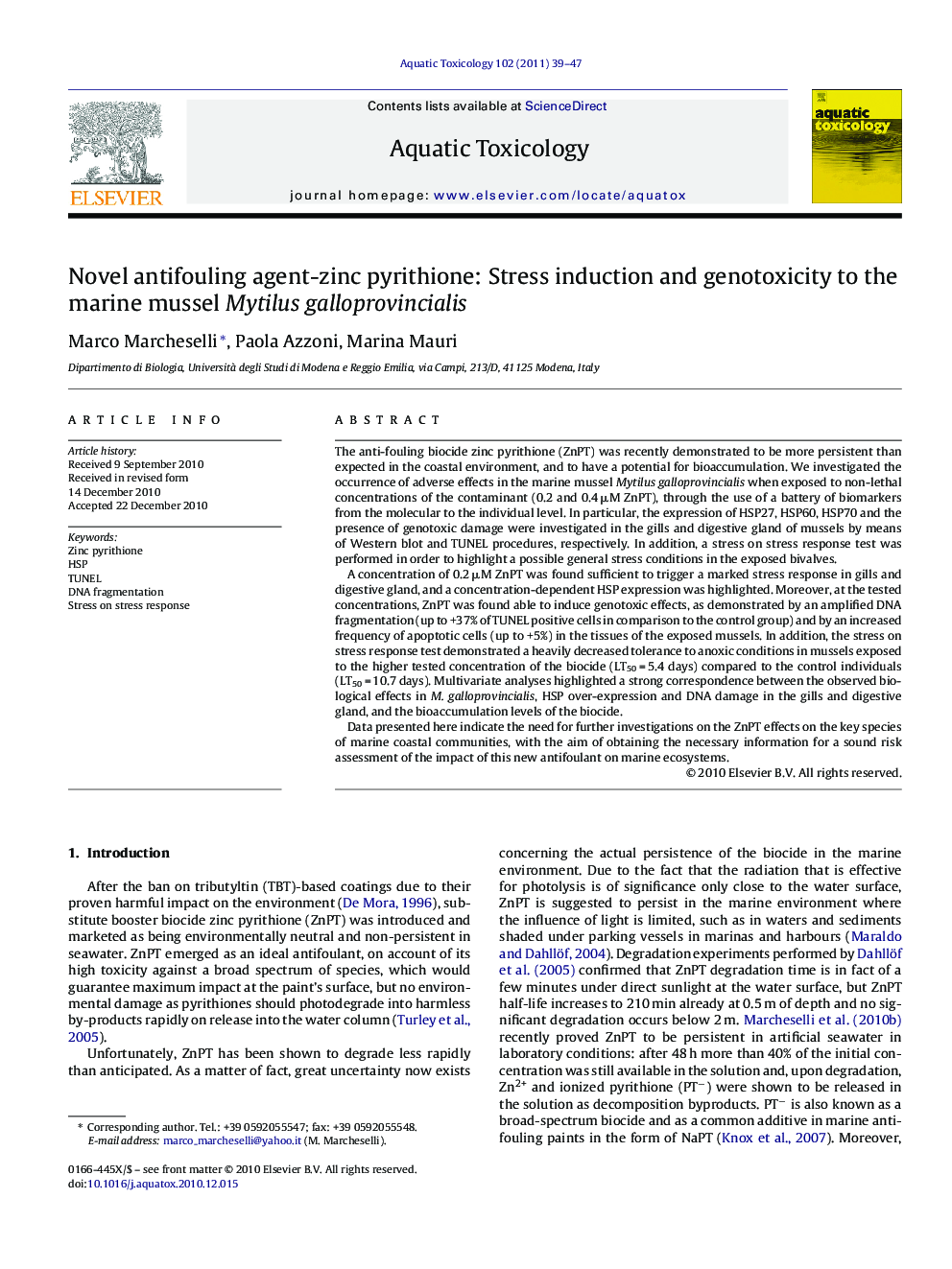 Novel antifouling agent-zinc pyrithione: Stress induction and genotoxicity to the marine mussel Mytilus galloprovincialis