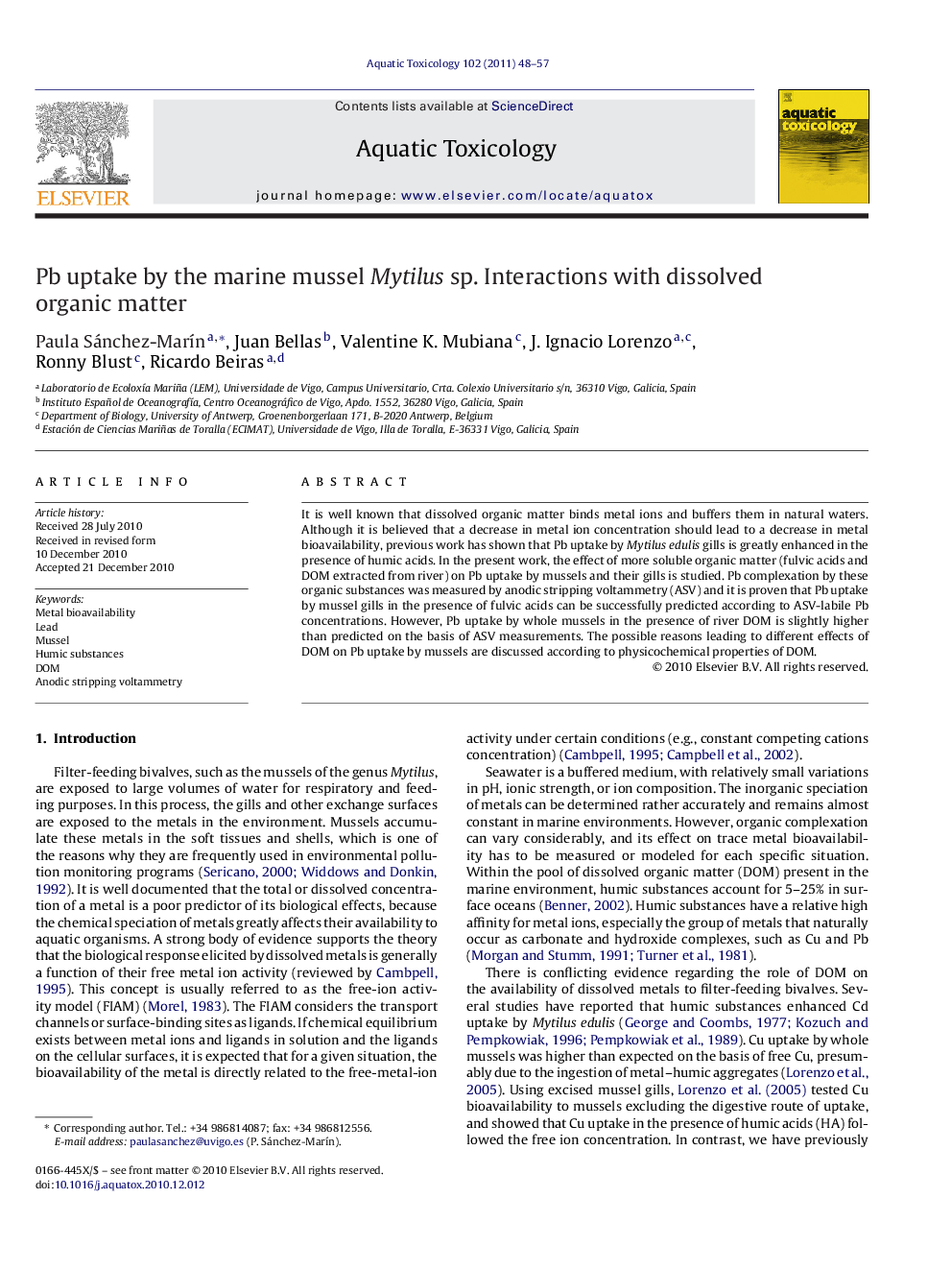 Pb uptake by the marine mussel Mytilus sp. Interactions with dissolved organic matter